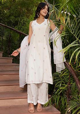 White Embroidered Cotton Kurta Set