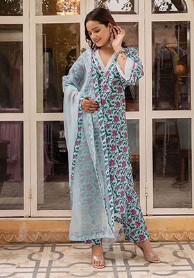Blue Embroidered Cotton Kurta Set