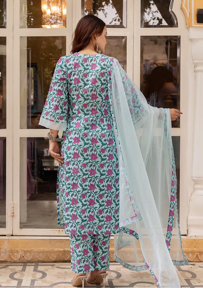 Blue Embroidered Cotton Kurta Set