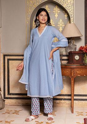 Blue Embroidered Cotton Kurta Set