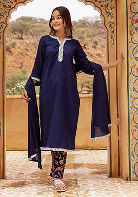 Blue Embroidered Cotton Kurta Set