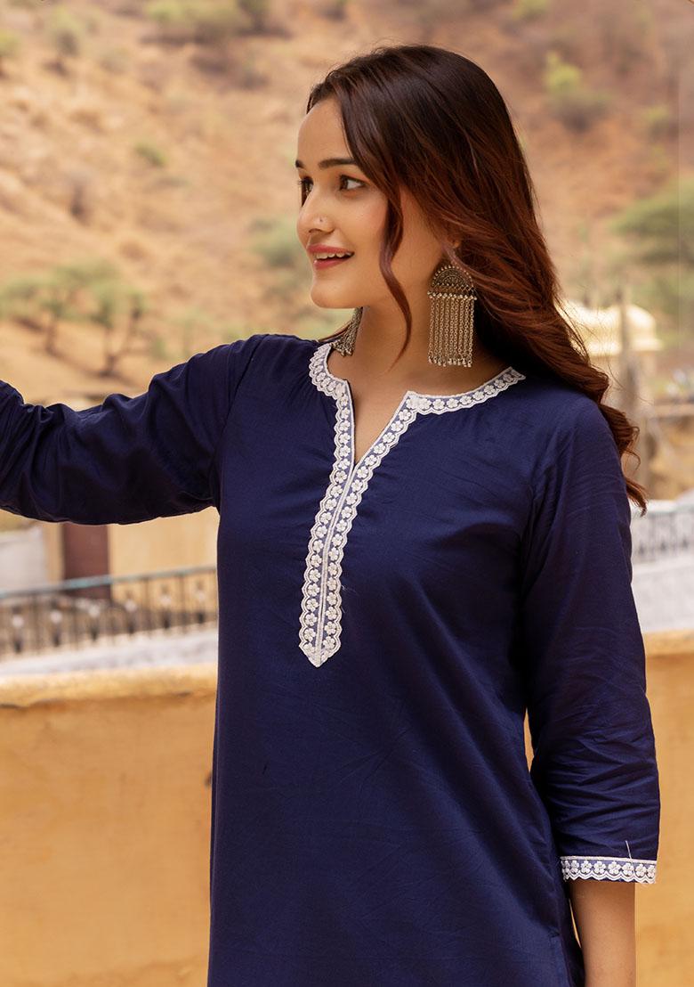 Blue Embroidered Cotton Kurta Set