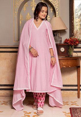 Pink Embroidered Cotton Kurta Set