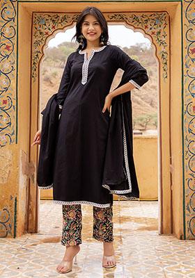 Black Embroidered Cotton Kurta Set