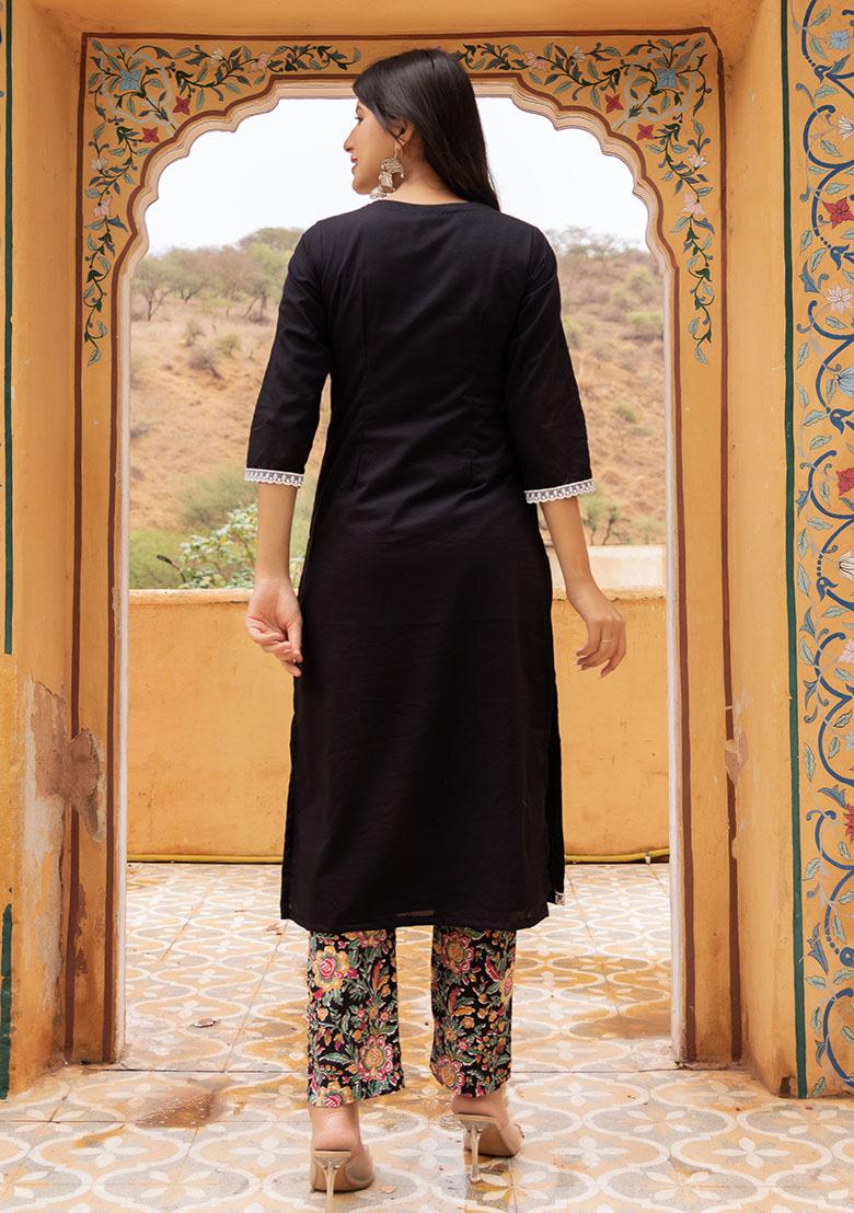 Black Embroidered Cotton Kurta Set