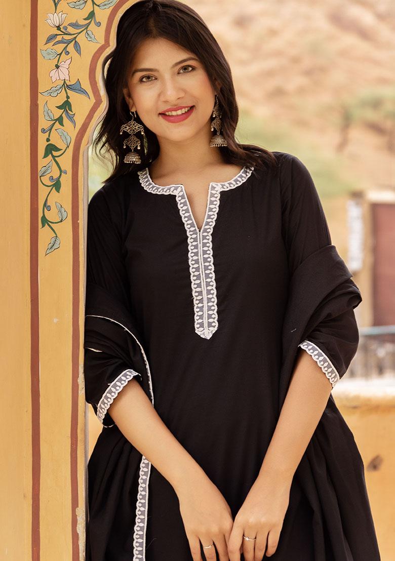 Black Embroidered Cotton Kurta Set