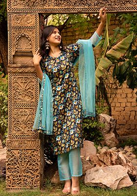 Blue Net Cotton Kurta Set