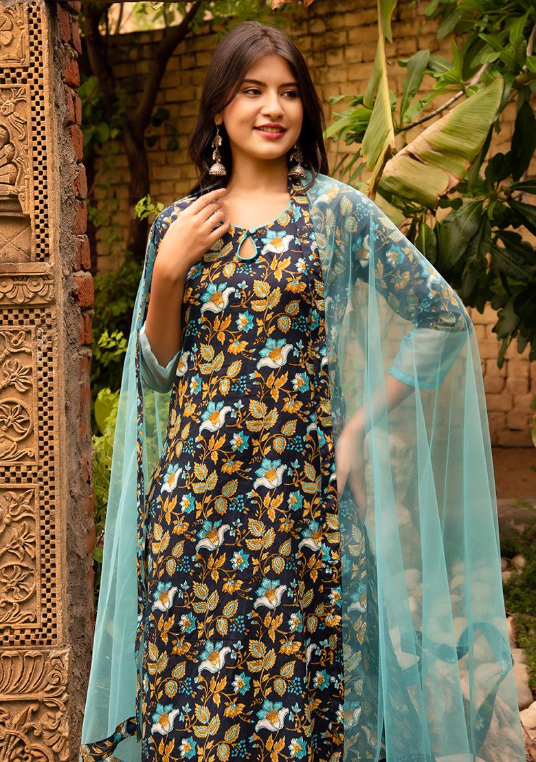 Blue Net Cotton Kurta Set