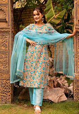 Blue Net Cotton Kurta Set
