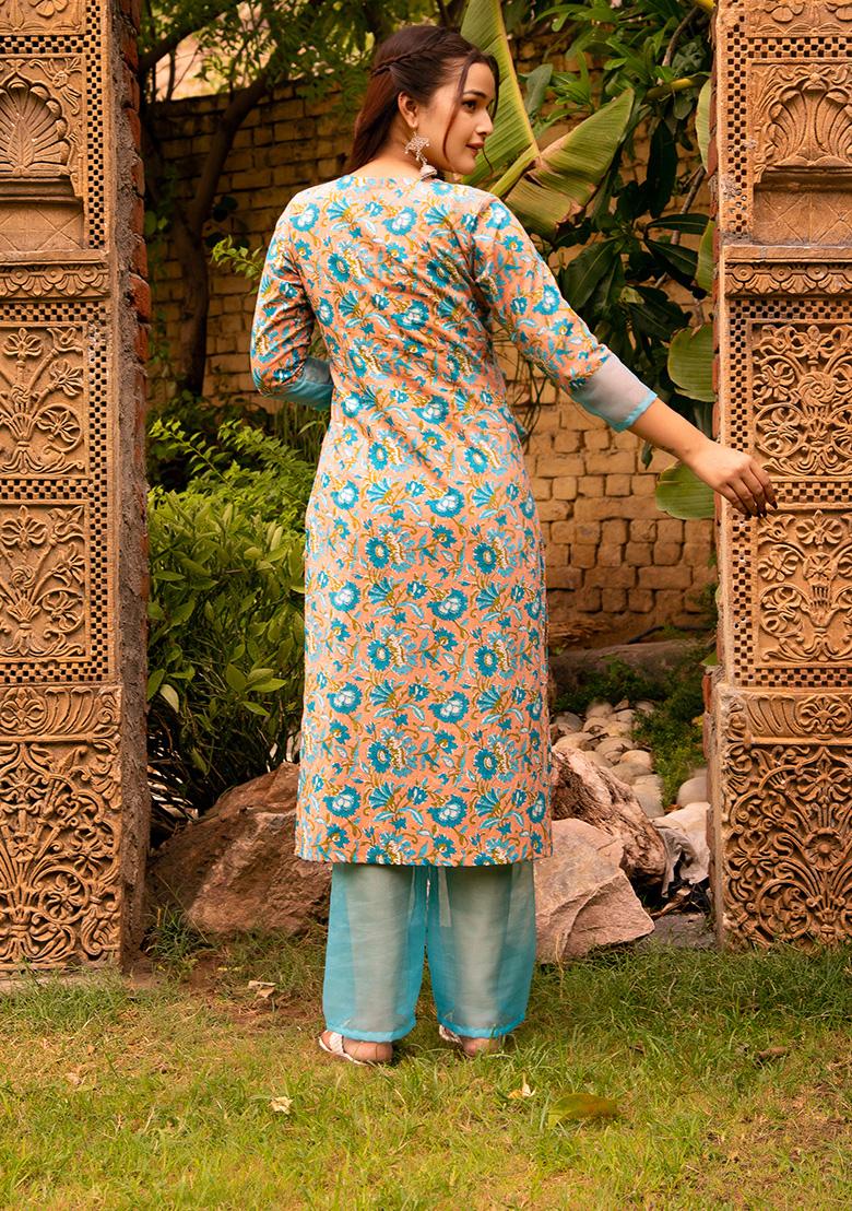 Blue Net Cotton Kurta Set