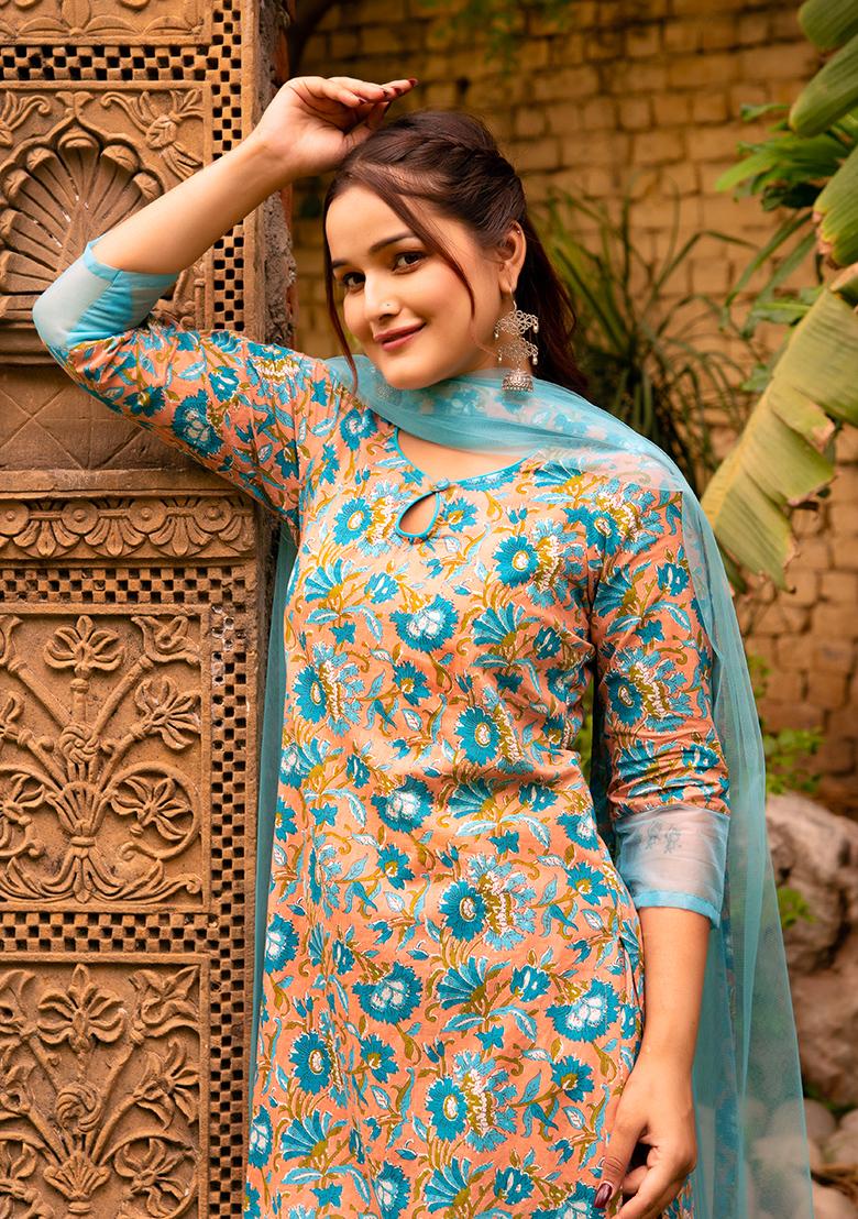 Blue Net Cotton Kurta Set