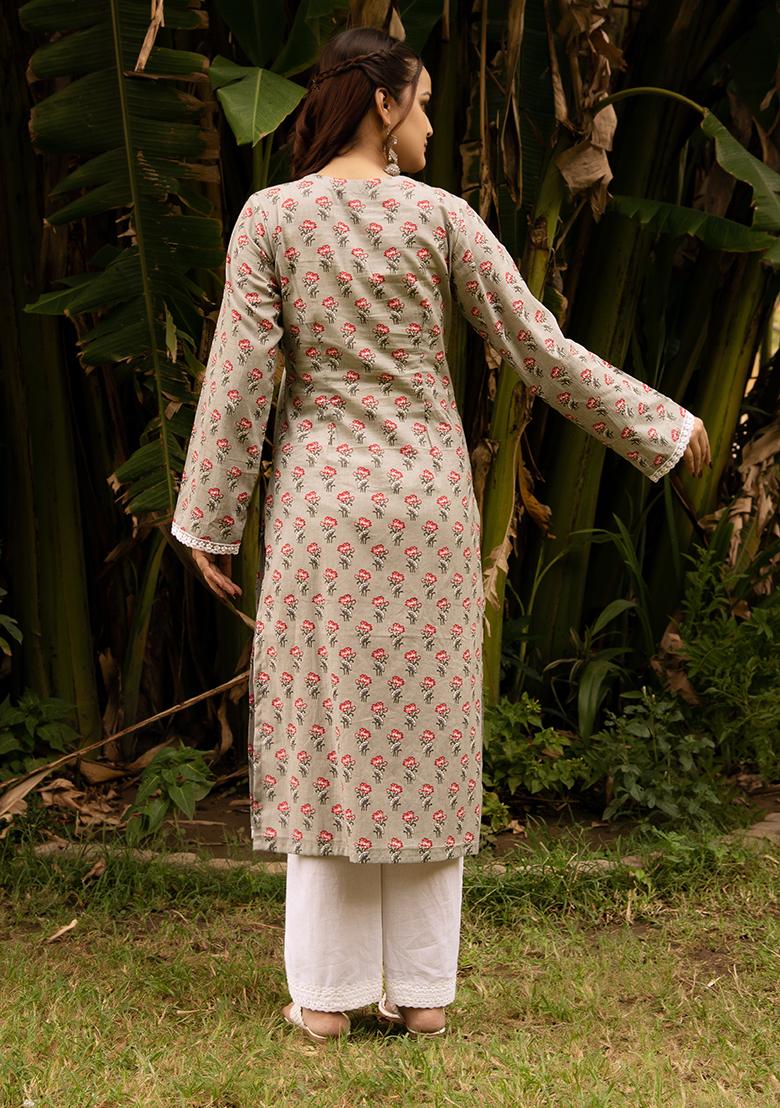 Grey Embroidered Cotton Kurta Set