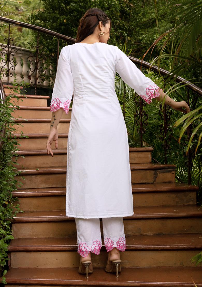 White Embroidered Cotton Kurta Set