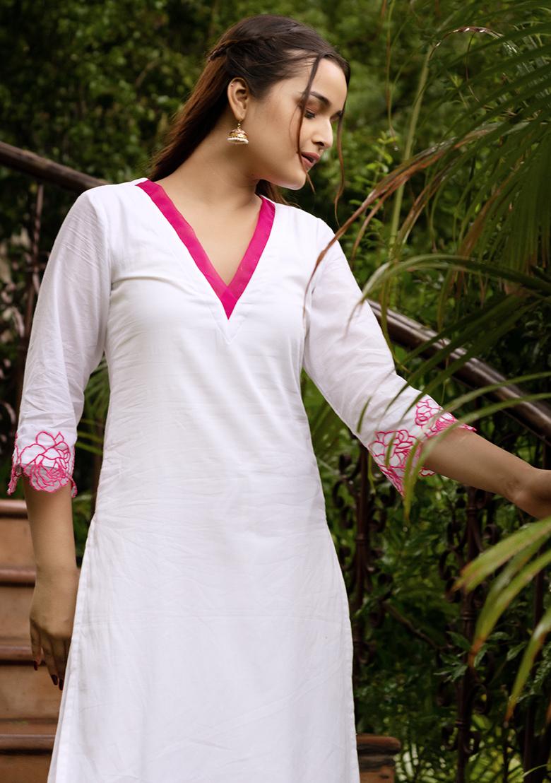White Embroidered Cotton Kurta Set