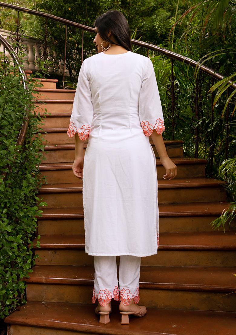 White Embroidered Cotton Kurta Set