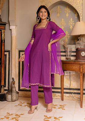 Purple Embroidered Cotton Kurta Set