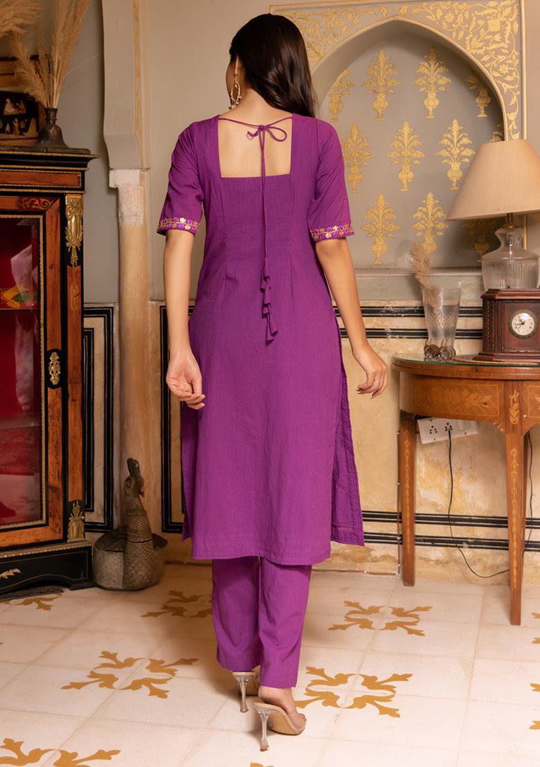 Purple Embroidered Cotton Kurta Set