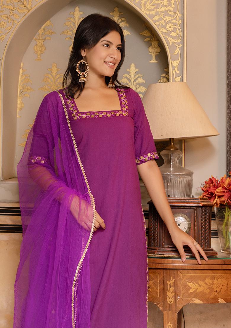 Purple Embroidered Cotton Kurta Set