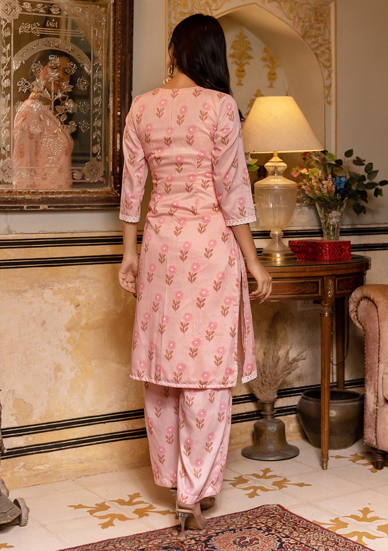 Peach Printed Muslin Kurta Set