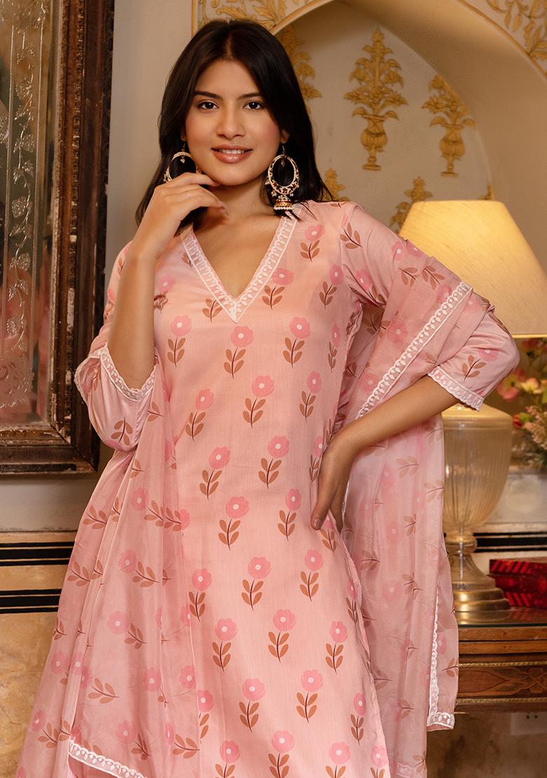 Peach Printed Muslin Kurta Set