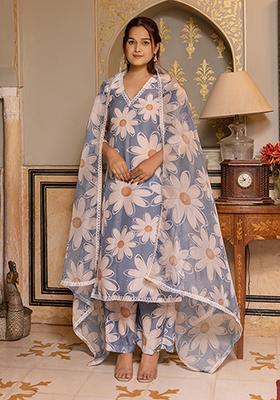 Blue Printed Muslin Kurta Set