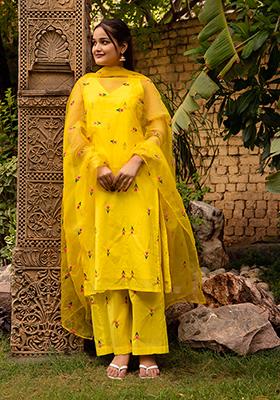 Yellow Embroidered Cotton Kurta Set