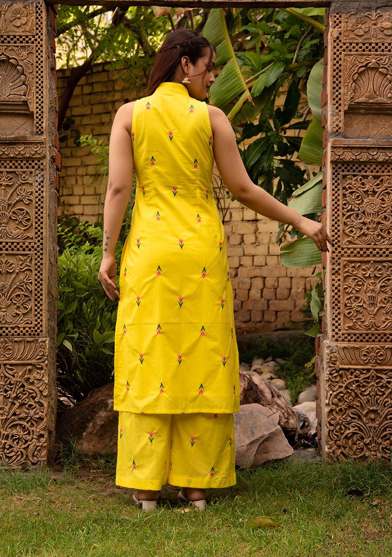 Yellow Embroidered Cotton Kurta Set