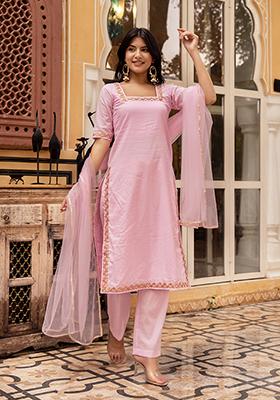 Pink Embroidered Cotton Kurta Set