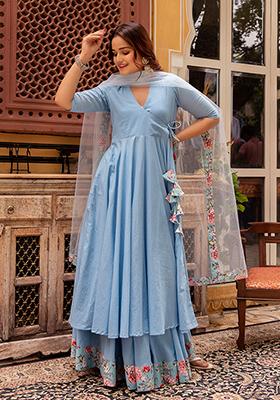 Blue Net Cotton Skirt Set