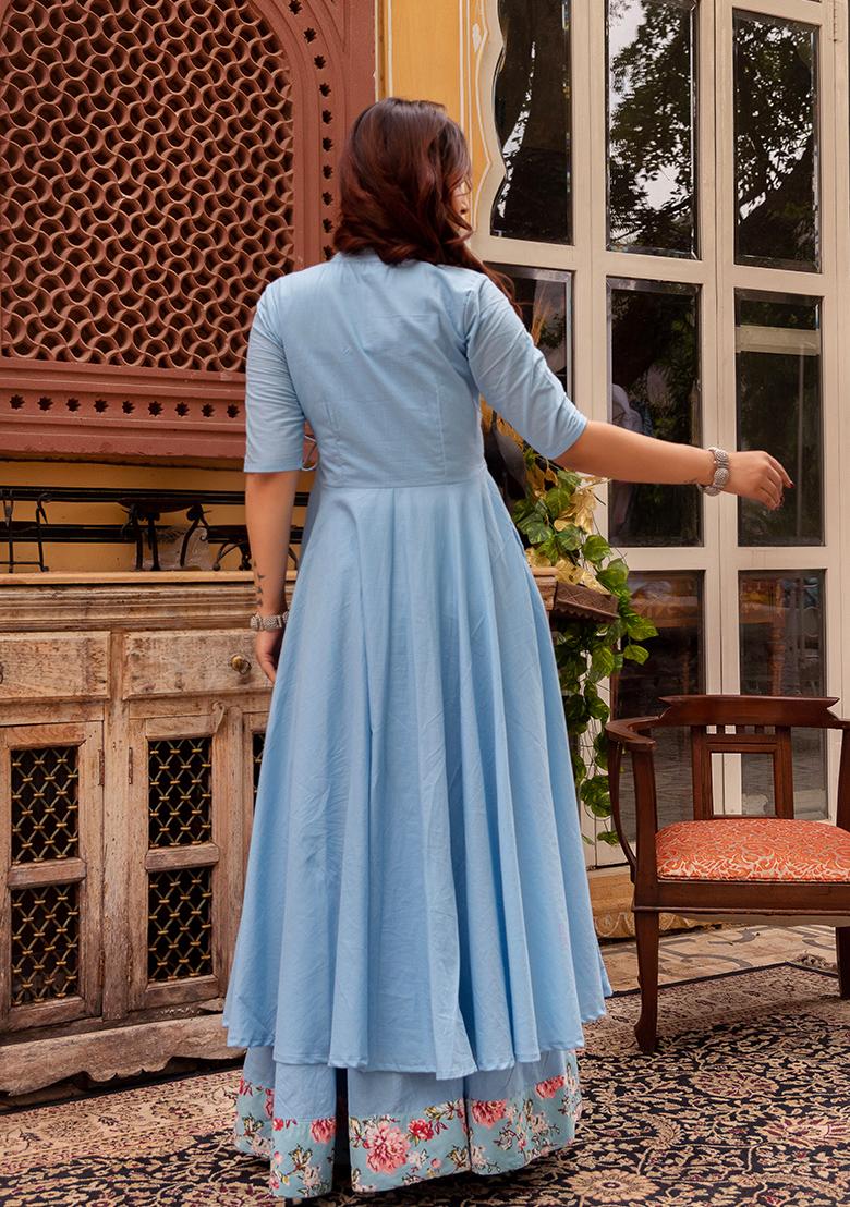 Blue Net Cotton Skirt Set