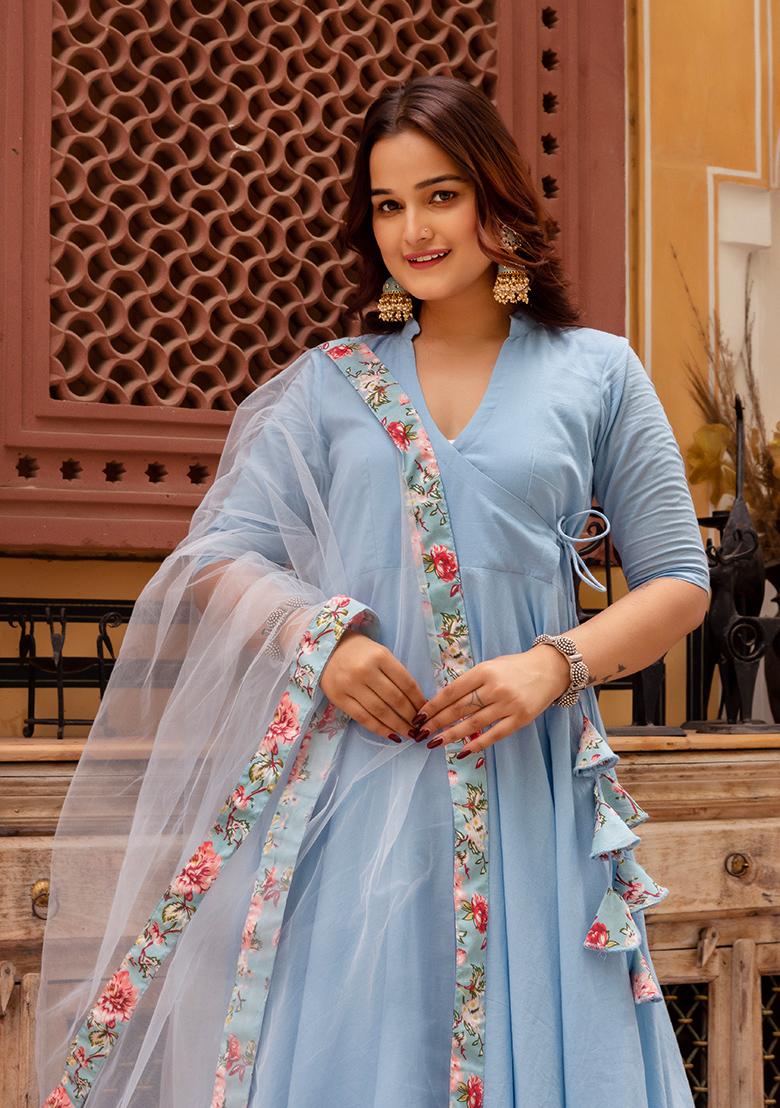 Blue Net Cotton Skirt Set