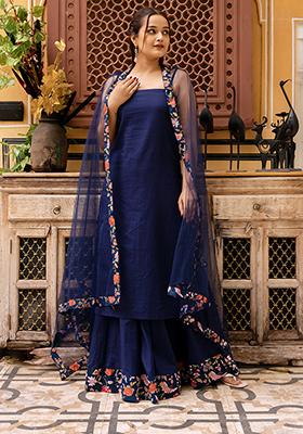 Blue Net Cotton Skirt Set