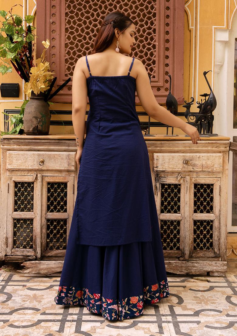 Blue Net Cotton Skirt Set