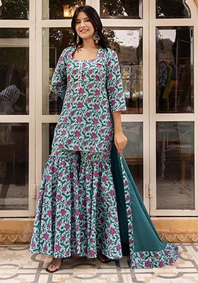 Blue Embroidered Cotton Sharara Set