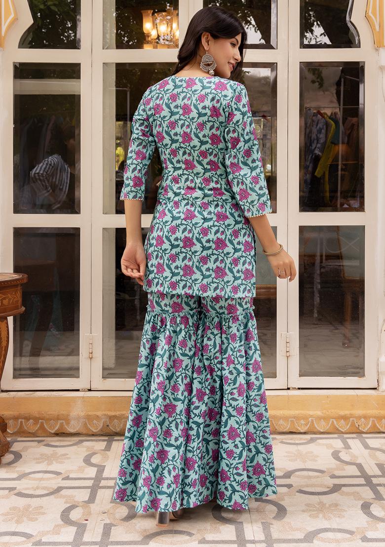 Blue Embroidered Cotton Sharara Set