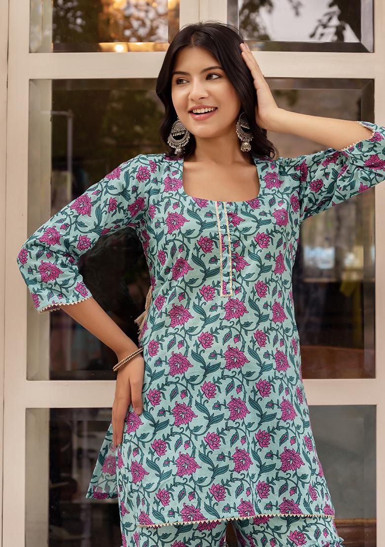 Blue Embroidered Cotton Sharara Set