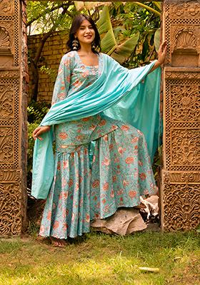 Blue Embroidered Cotton Sharara Set