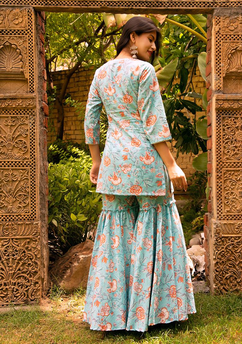 Blue Embroidered Cotton Sharara Set