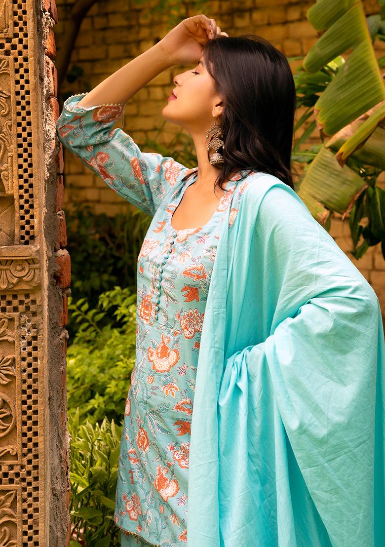 Blue Embroidered Cotton Sharara Set