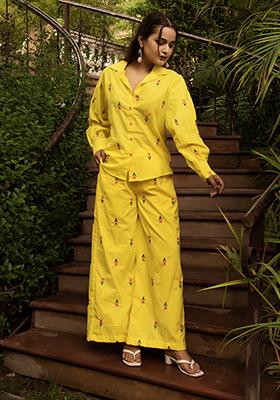 Yellow Embroidered Cotton Salwar Kameez