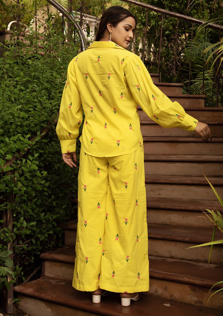 Yellow Embroidered Cotton Salwar Kameez