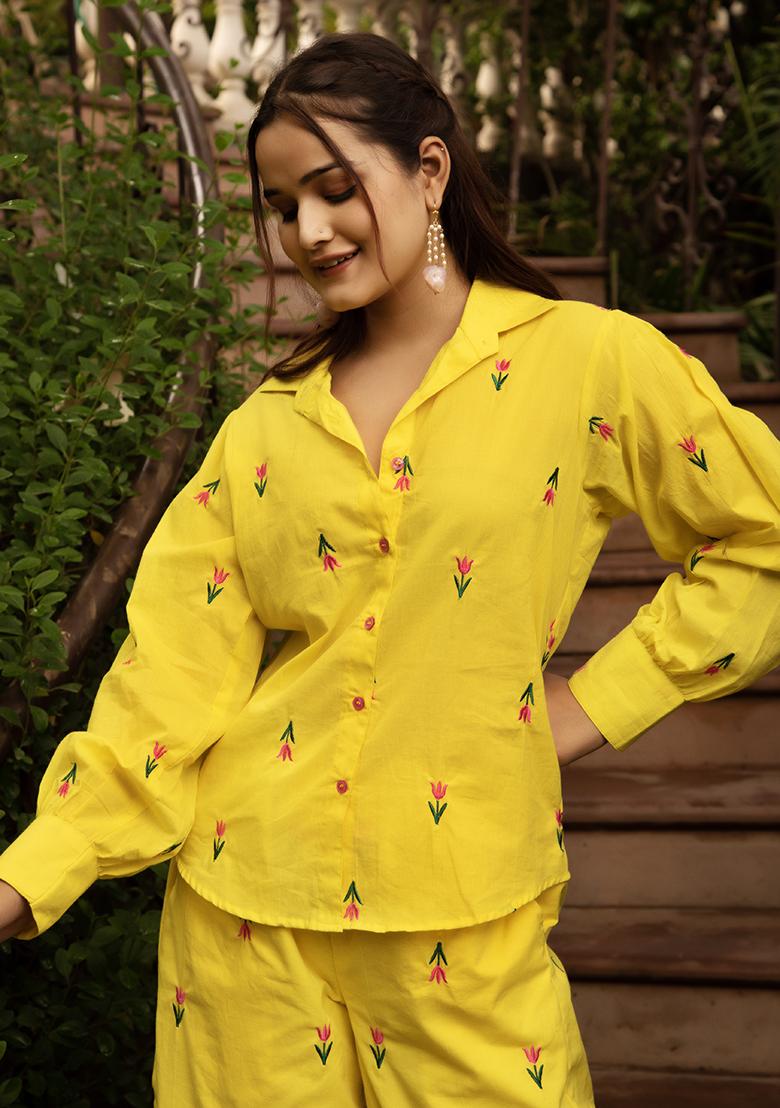 Yellow Embroidered Cotton Salwar Kameez