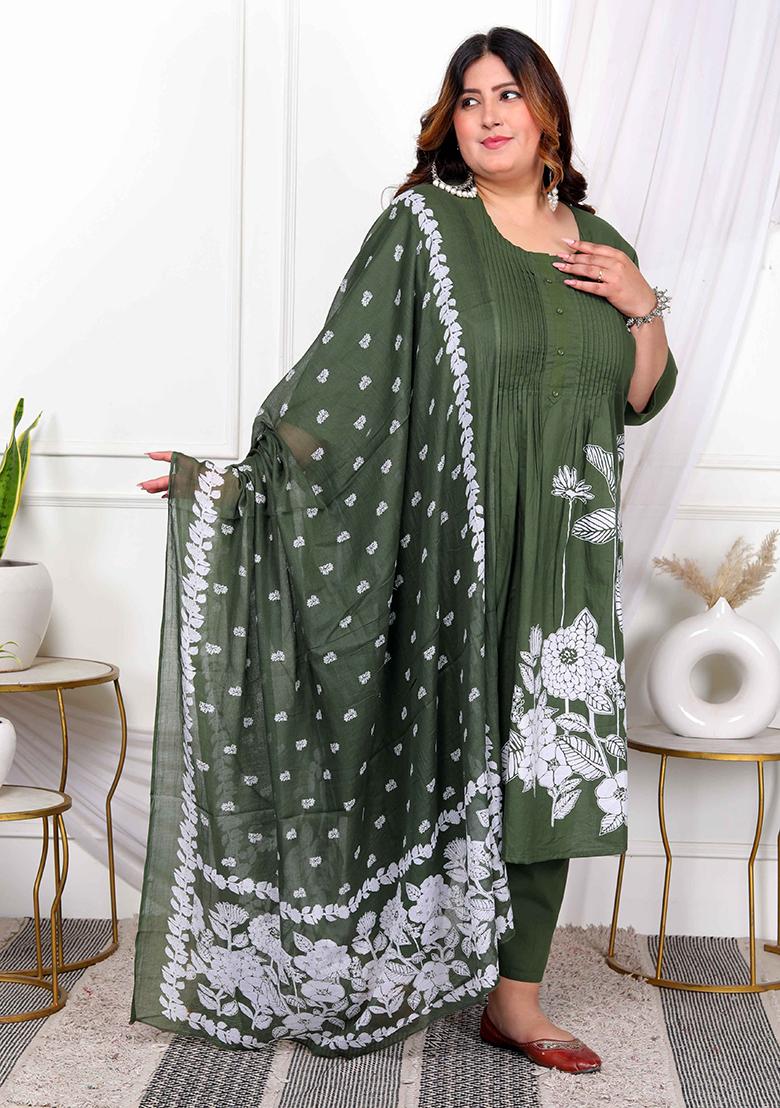 Mehendi Green Printed Cotton Salwar Kameez