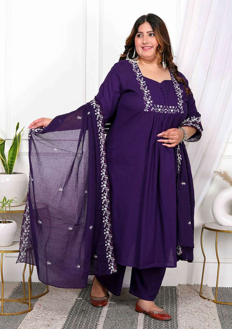 Purple Embroidered Cotton A Line Kurta Set - Indya