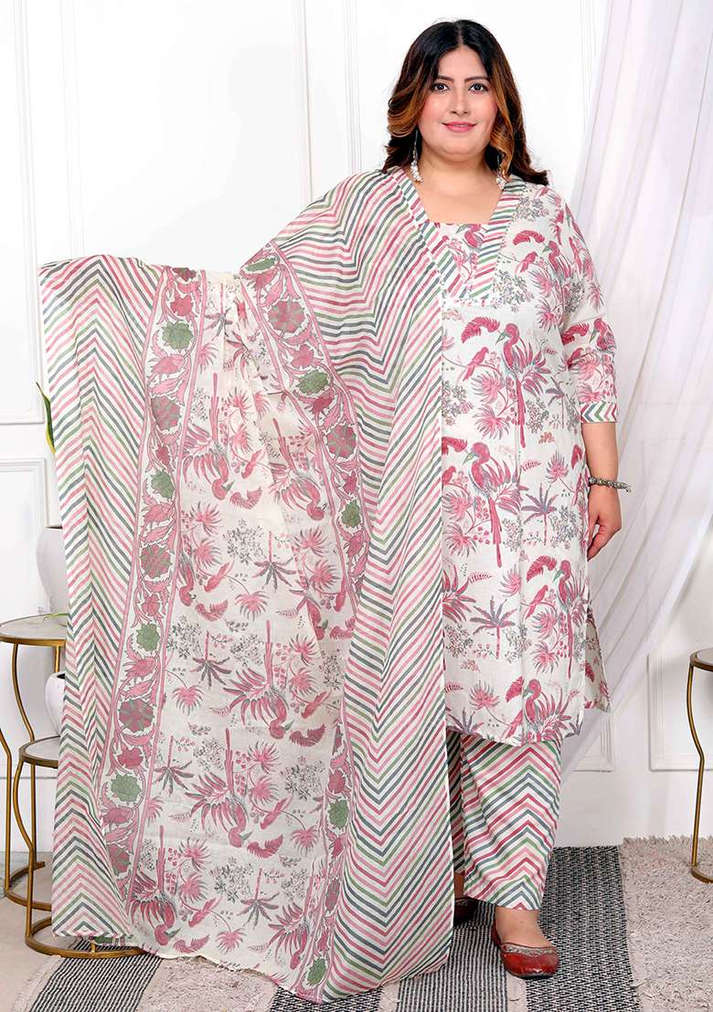 Light Pink Printed Cotton Straight Kurta Set - Indya