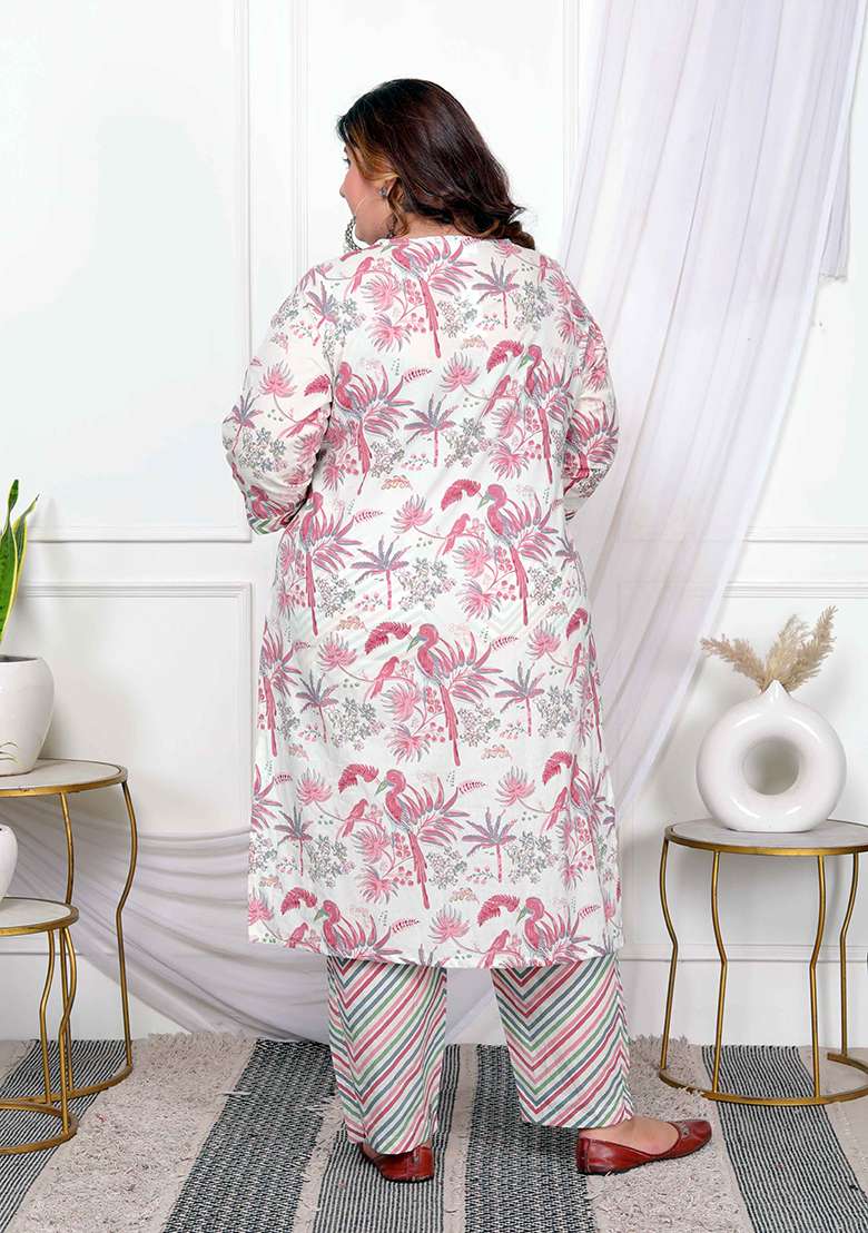 Light Pink Printed Cotton Straight Kurta Set - Indya
