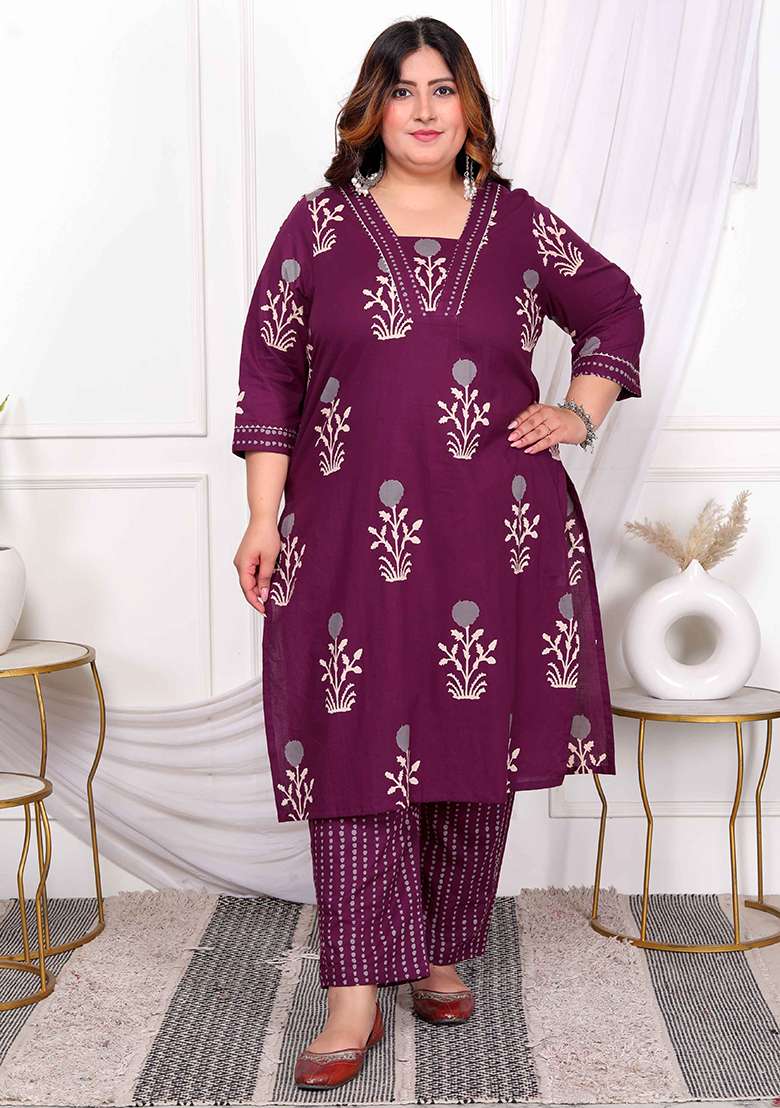 Purple Printed Cotton Straight Kurta Set - Indya