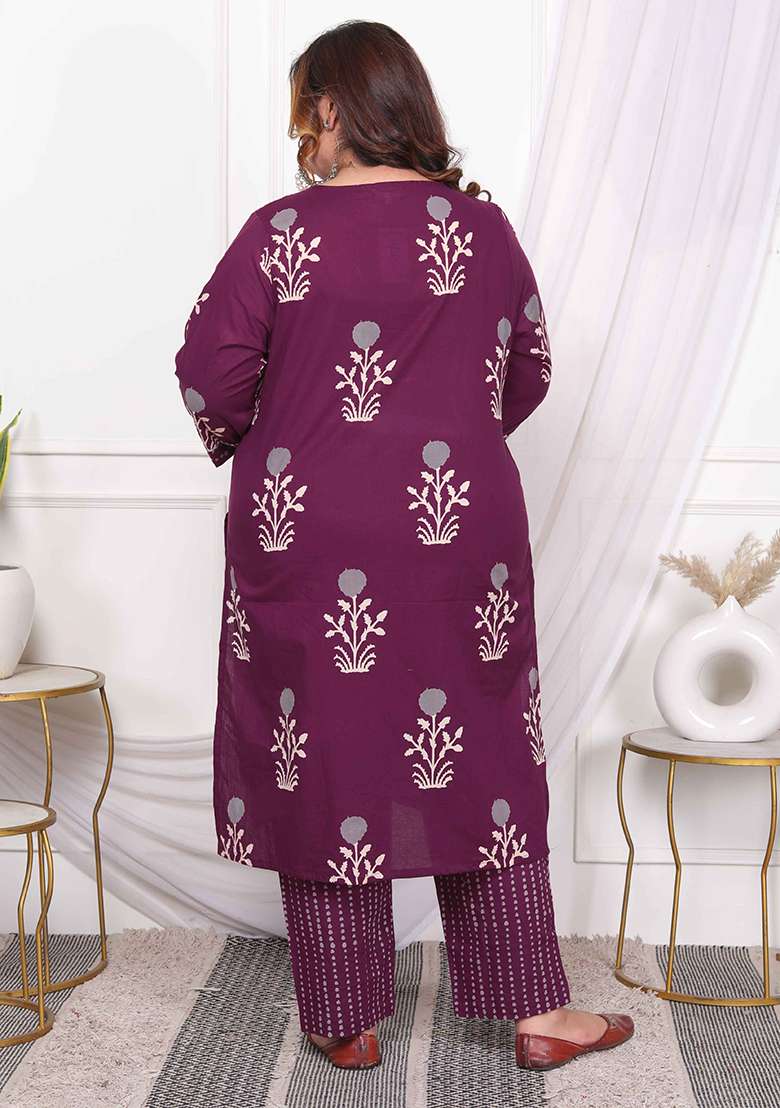 Purple Printed Cotton Straight Kurta Set - Indya