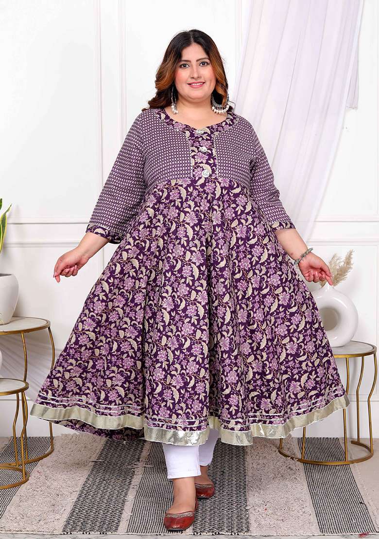 Purple Printed Cotton Anarkali - Indya
