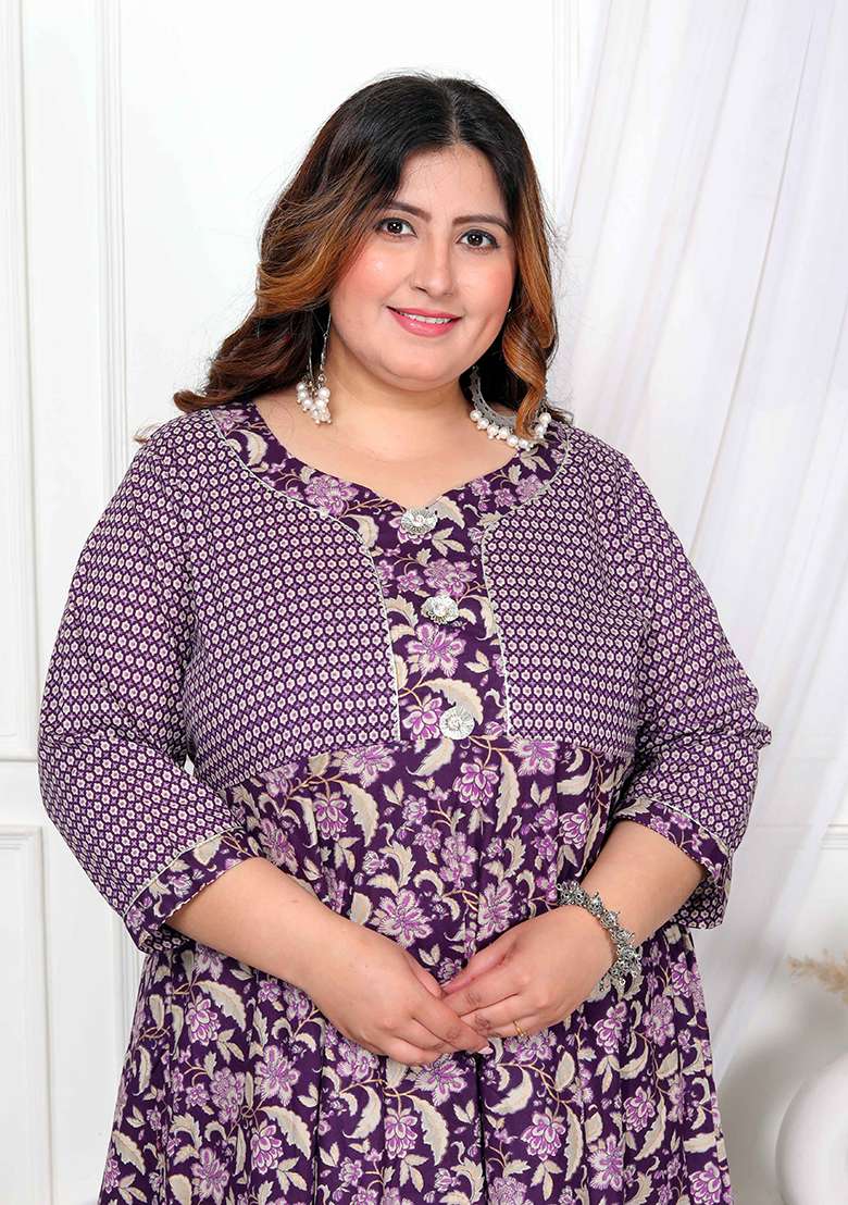 Purple Printed Cotton Anarkali - Indya